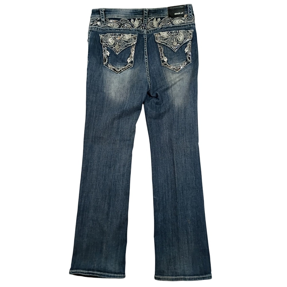 Grace in LA Vintage Straight Leg Jean Women 17 36X34 Blue Y2K Flap Bling Stretch